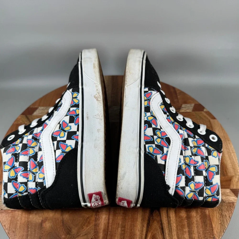 Vans Sk8-Hi Womens 6 Black White Butterfly Checkerboard High Top‎ Sneakers